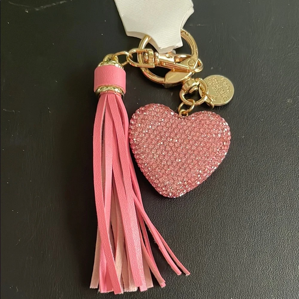 Pink Crystal Rhinestone Heart Tassel Keychain And Purse Charm—New - Picture 1 of 2
